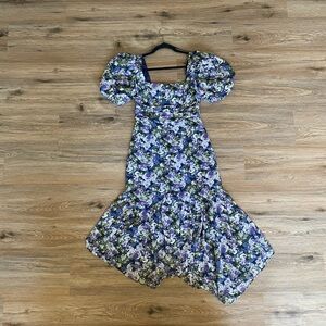 Astr Purple and Blue Ruched Puff Sleeve Midi Dress